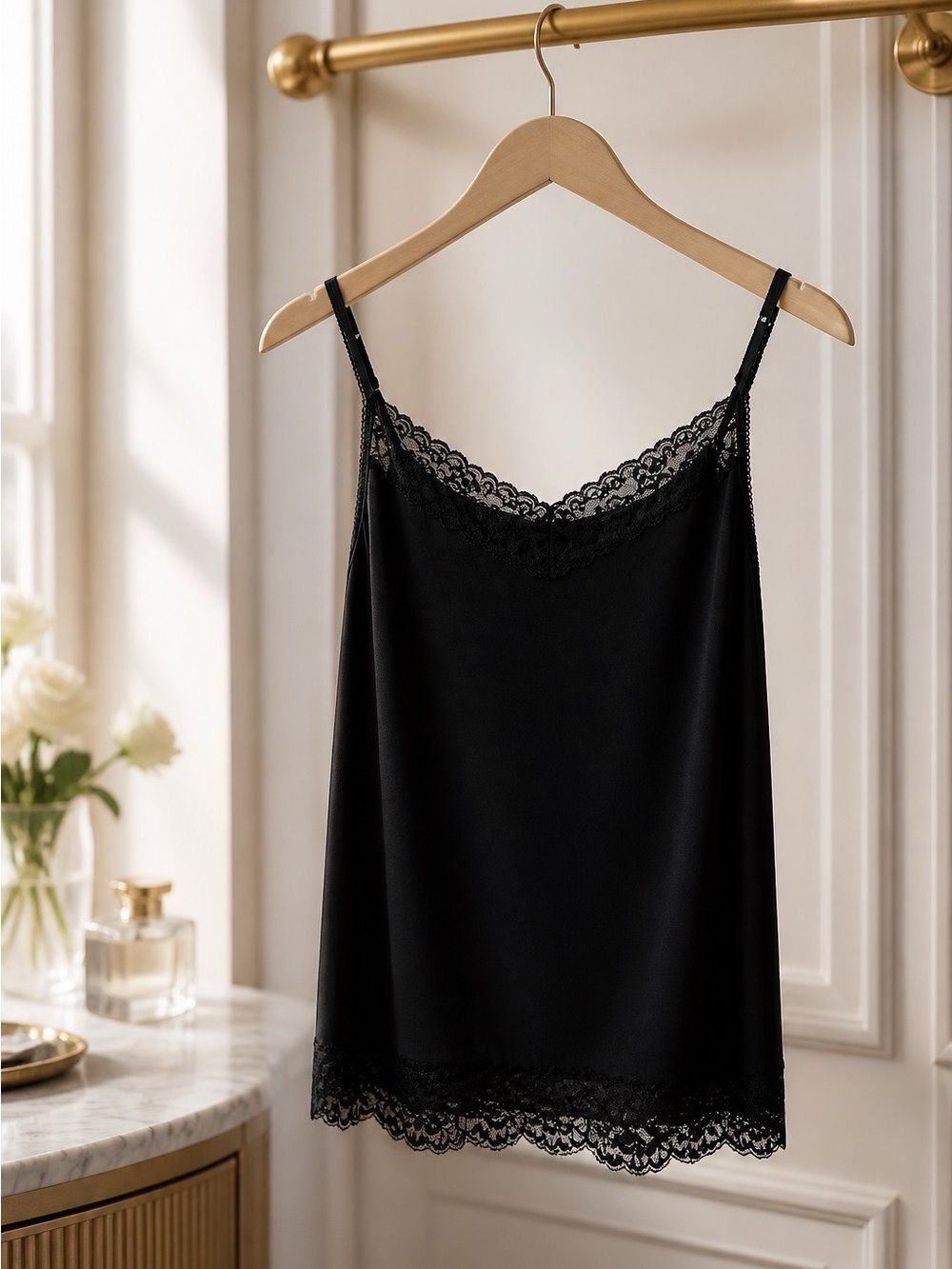 Elle Black Lace-Trim Satin Slip Camisole